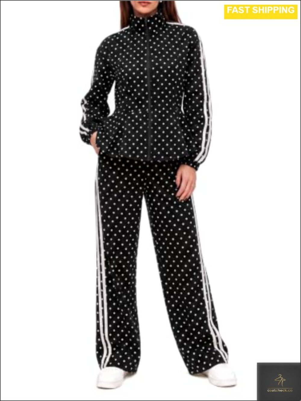 Women's 2 Piece Polka Dot Ruffle Zip Up Jacket & Wide Leg Pant Set